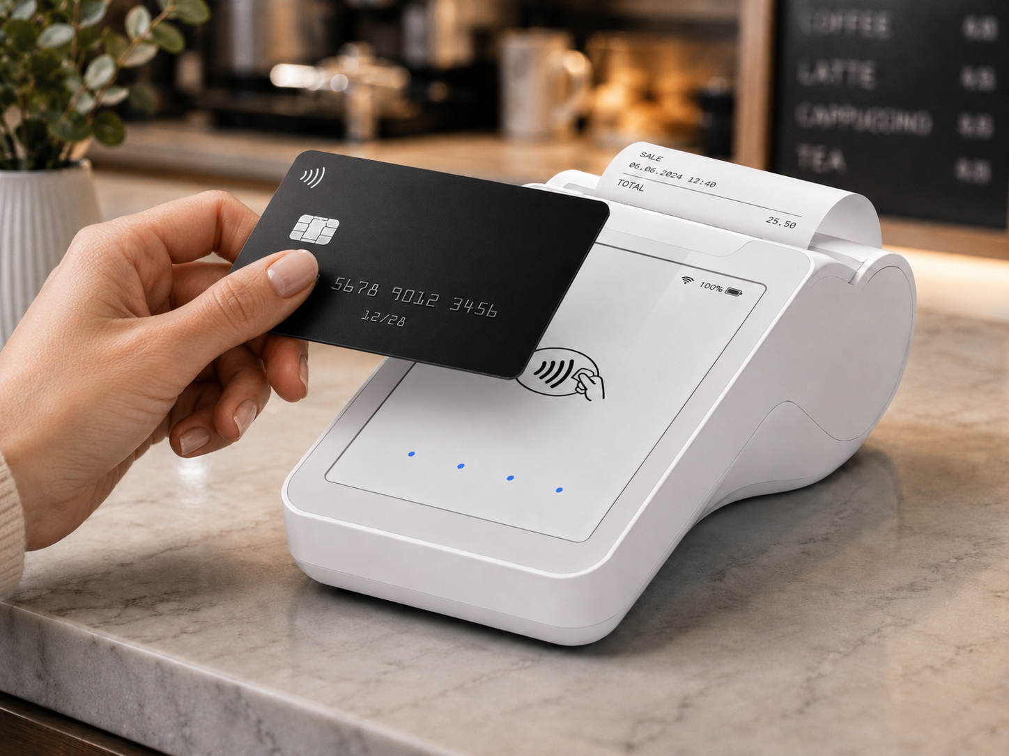 Nahaufnahme einer Hand, die eine schwarze Karte an ein weißes kontaktloses Kartenterminal auf einer Marmor-Theke hält
